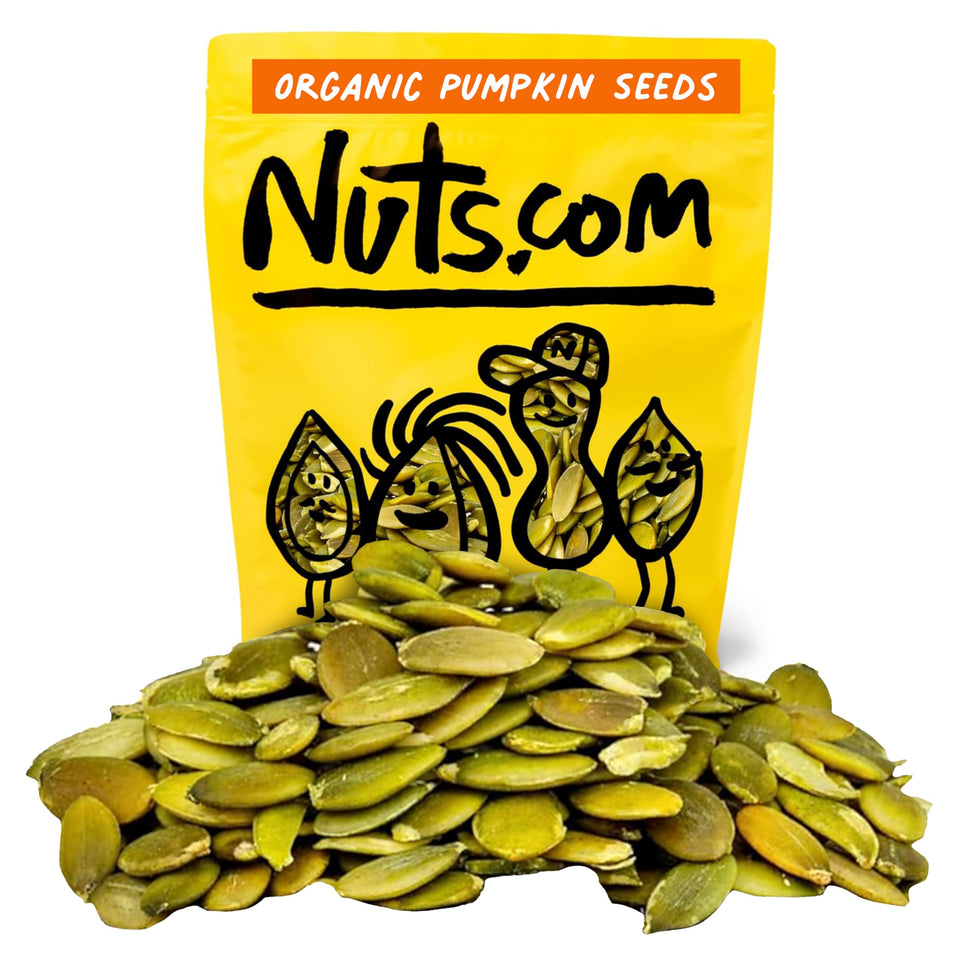 Nuts.com organic pumpkin seeds no shell in bag for quick, convenient snacking.