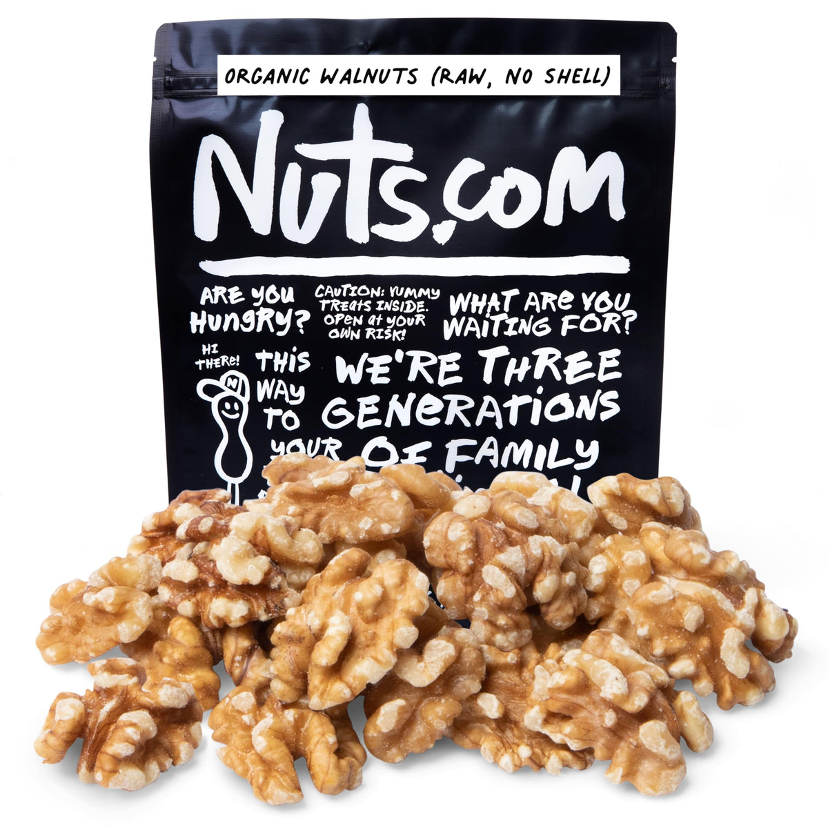 Nuts.com Organic Walnuts in a resealable bag for easy storage and freshness.