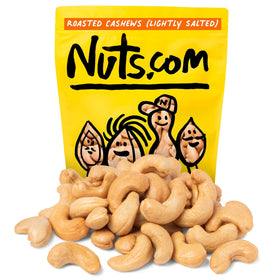 Nuts.com Roasted Cashews Lightly Salted in a resealable bag for fresh, low-sodium snacking.