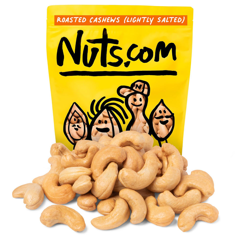 Nuts.com Roasted Cashews Lightly Salted in a resealable bag for fresh, low-sodium snacking.