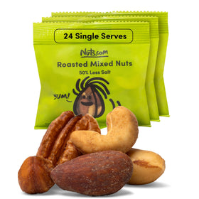 Nuts.com Roasted Mixed Nuts packaging showing 50% less salt