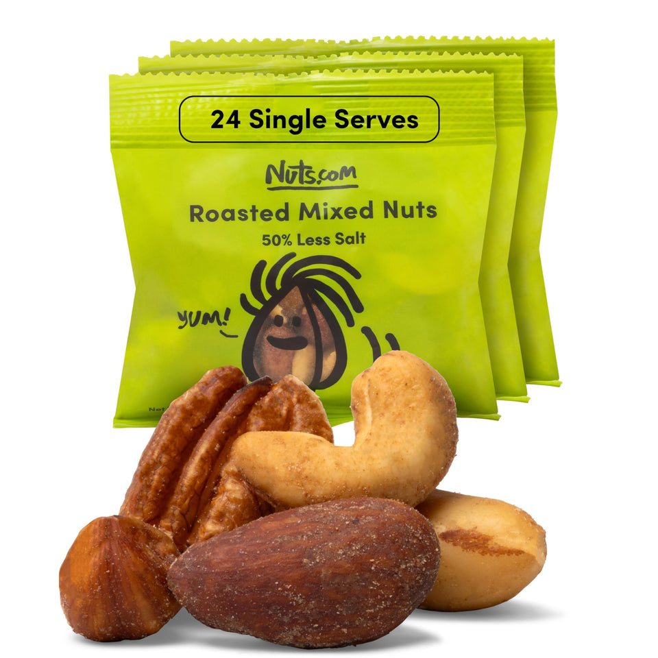 Nuts.com Roasted Mixed Nuts packaging showing 50% less salt