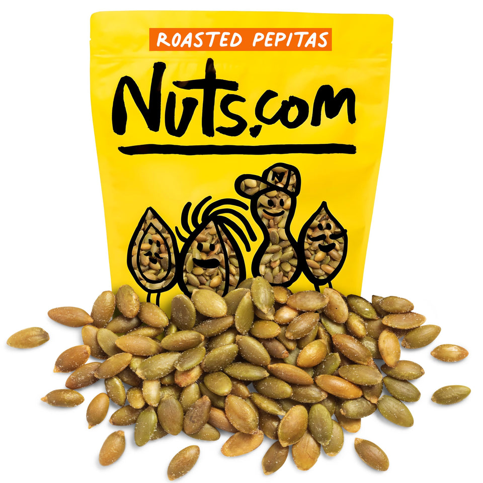 Nuts.com roasted pepitas in a 2 lb bag, salted for a crunchy, protein-rich snack.
