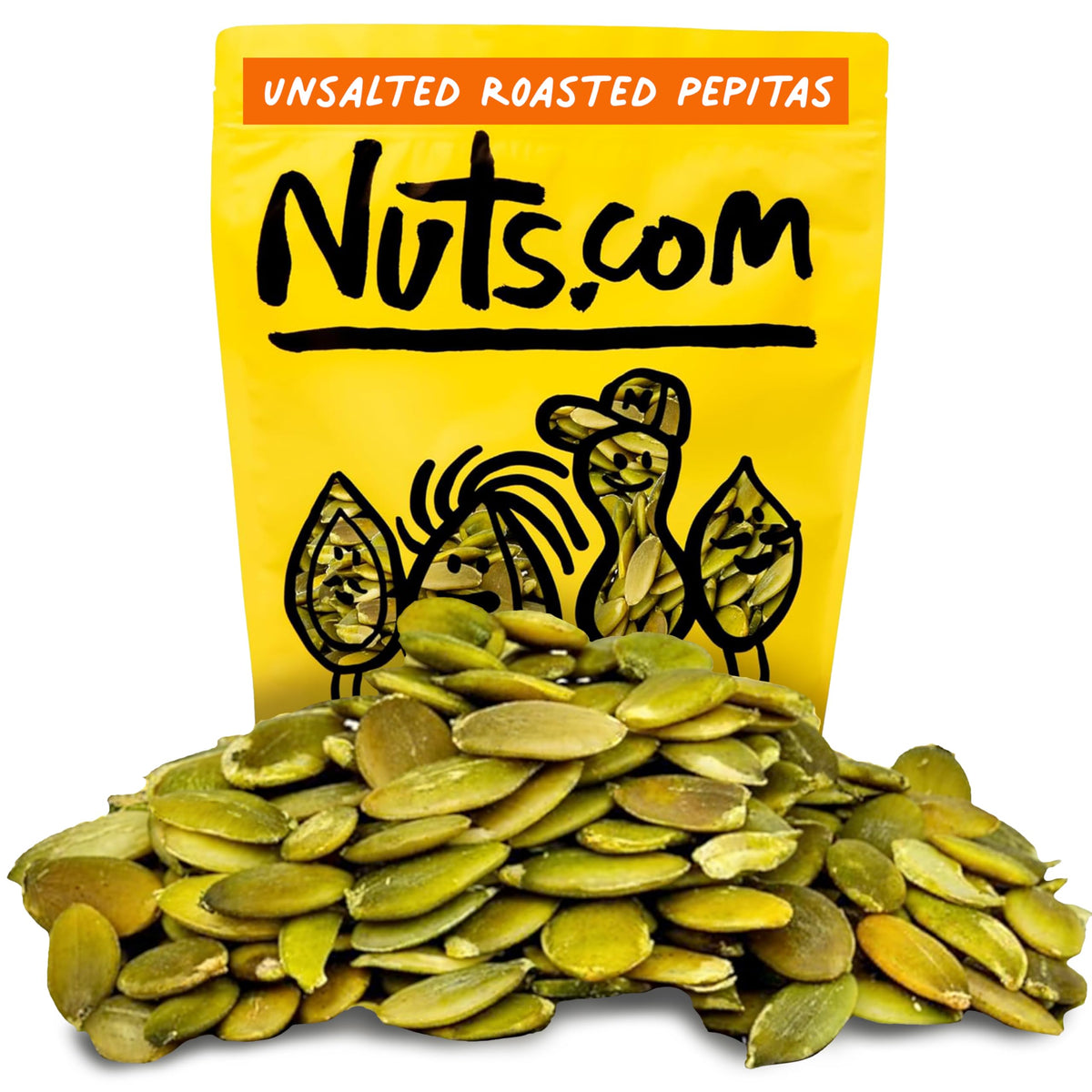 Nuts.com roasted pepitas 2lb bag—unsalted no-shell seeds for snacking.