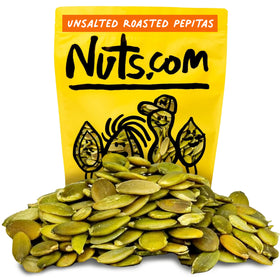 Nuts.com roasted pepitas 2lb bag—unsalted no-shell seeds for snacking.