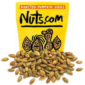 Nuts.com roasted pumpkin seeds 2lb bag salted no shell, high-protein snack option.