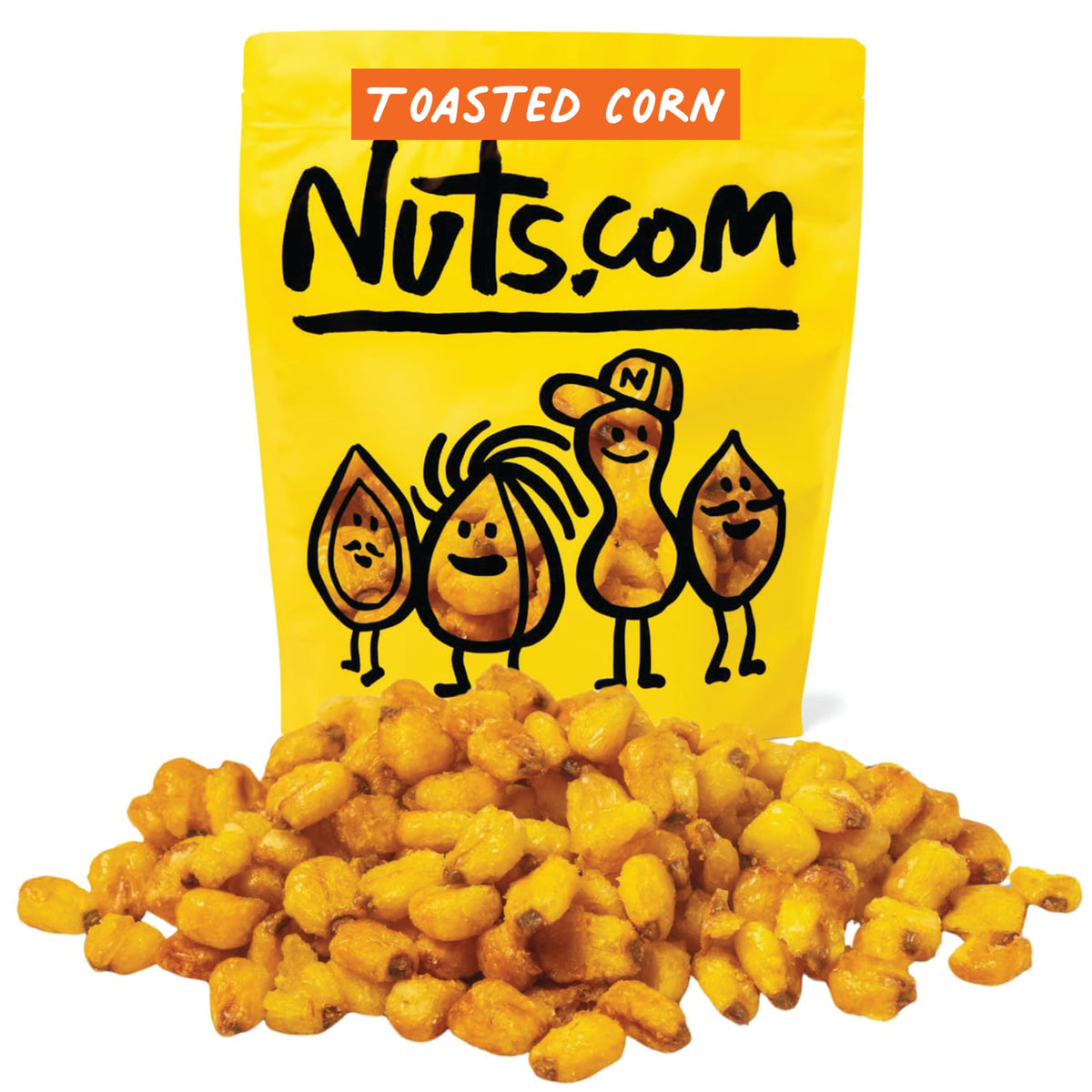 Nuts.com Toasted Corn bag front; crunchy snack for charcuterie and snacking.