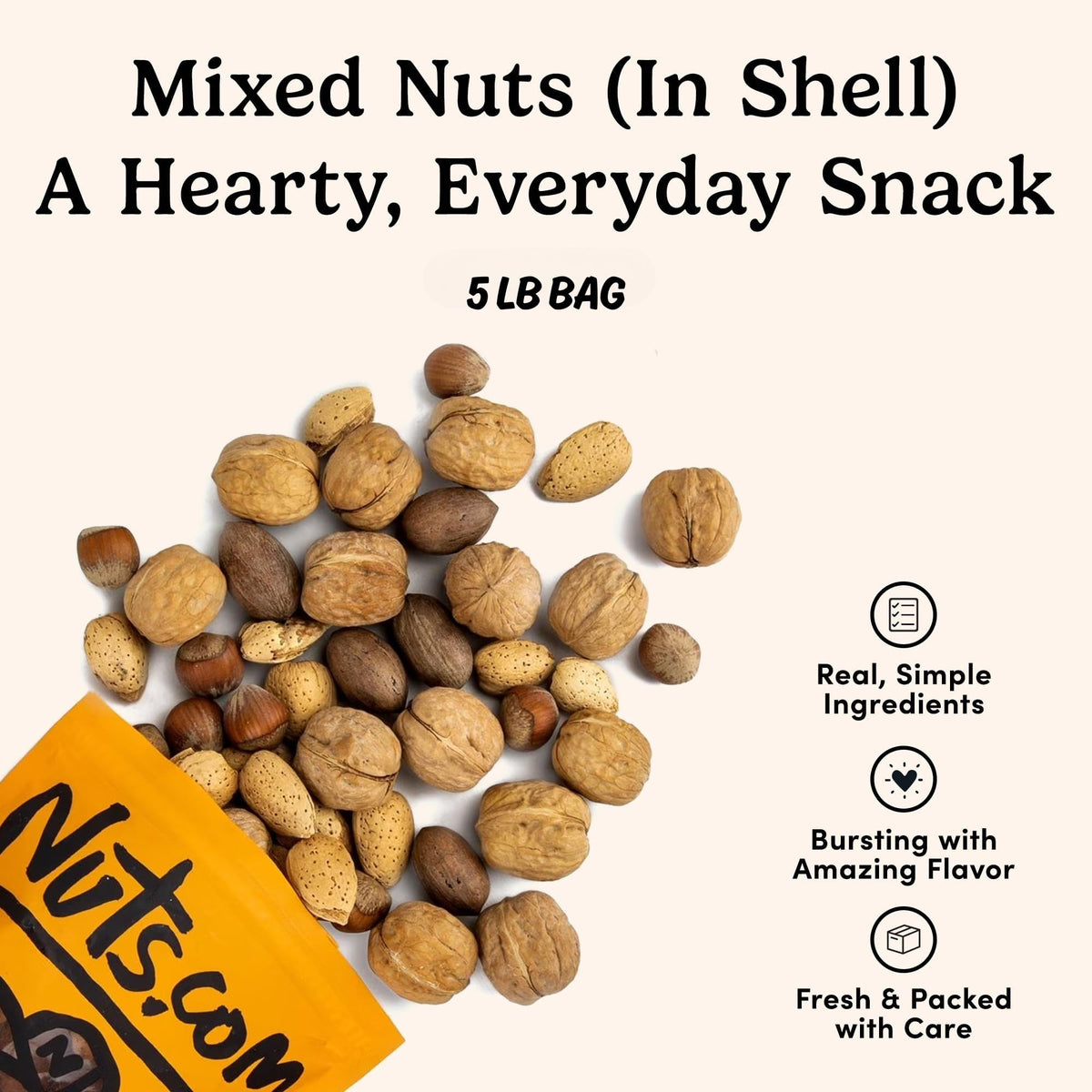 Nuts.com walnuts almonds hazelnuts closeup in shell for snacking.