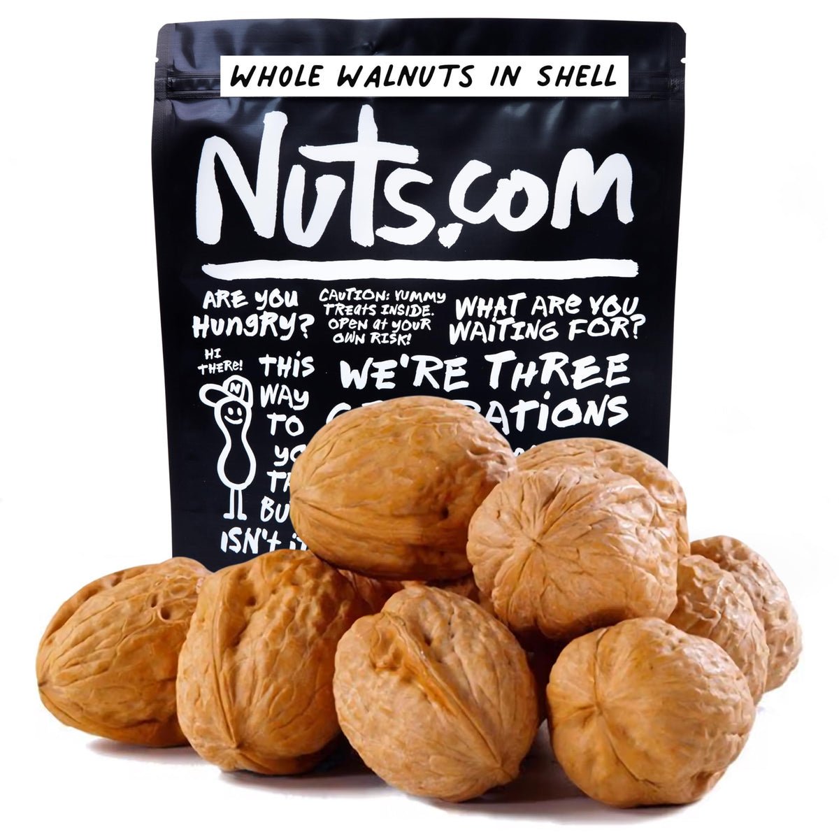 Nuts.com whole walnuts in shell in resealable bag preserving freshness.