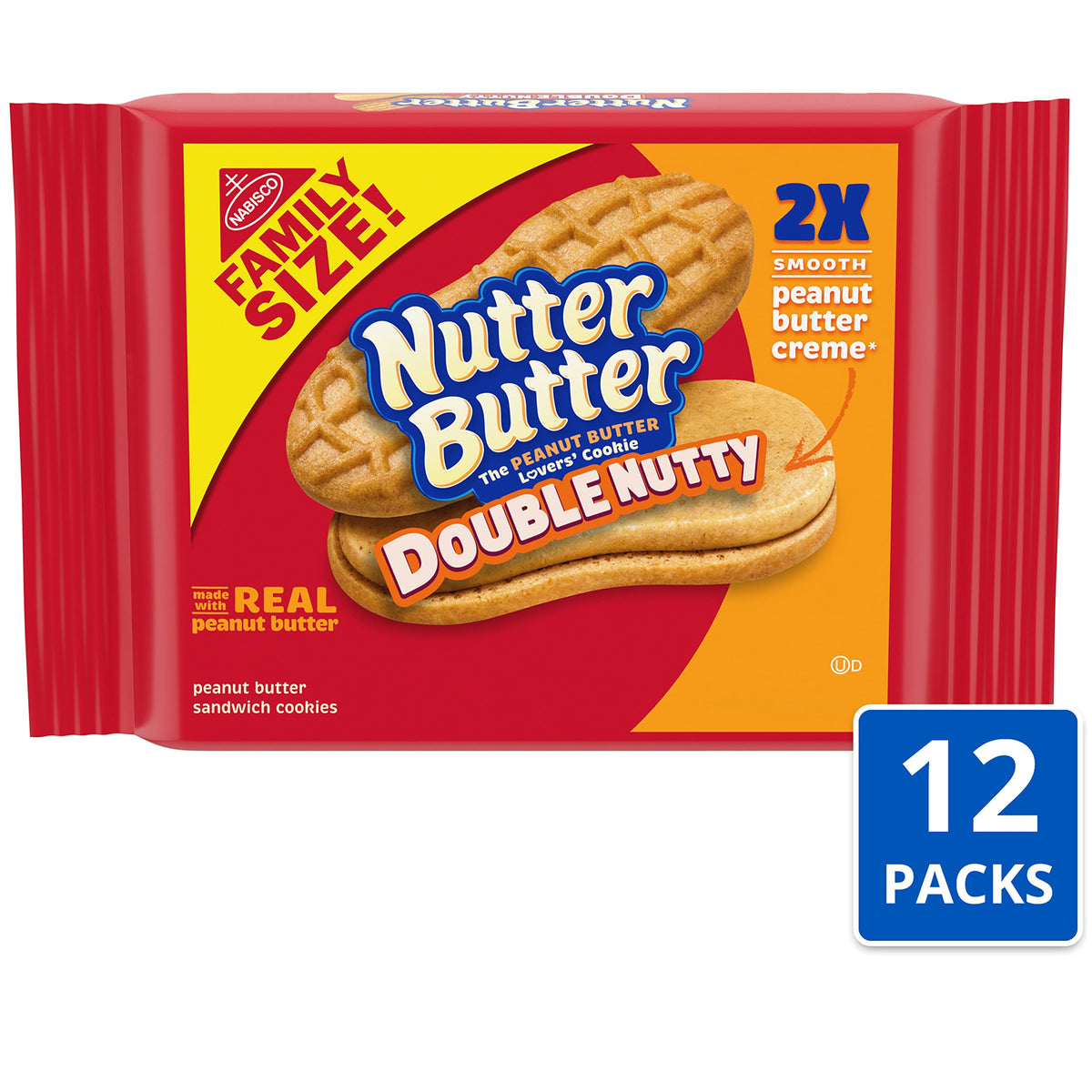 Nutter Butter Double Nutty cookies pack-back shows resealable freshness.