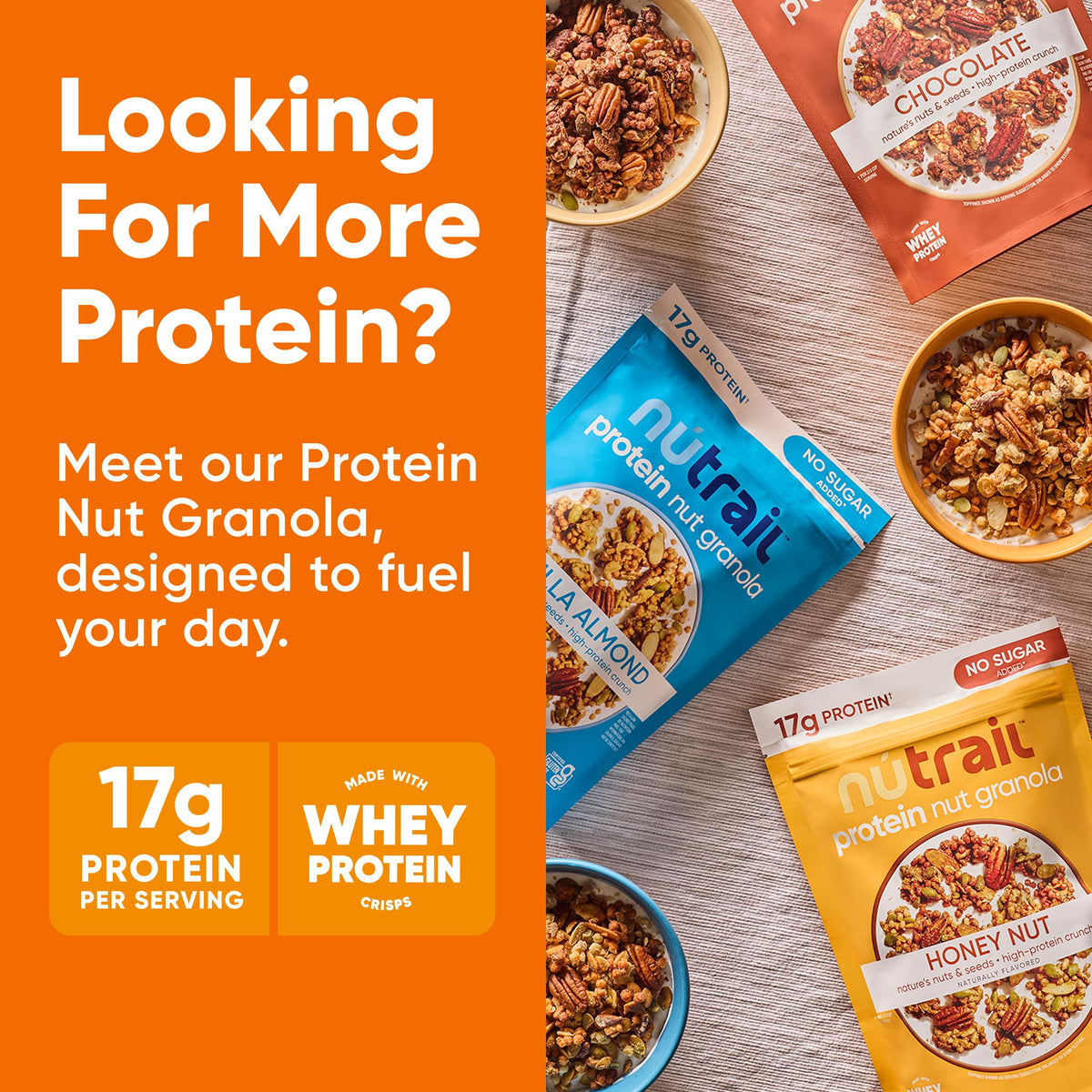 NuTrail granola with milk being poured into a bowl.