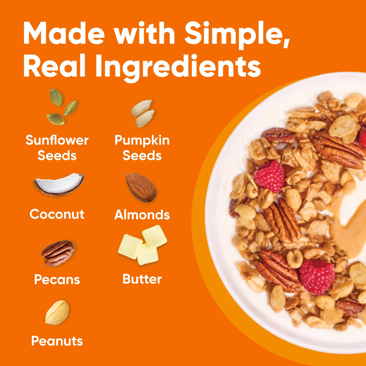NuTrail no sugar added granola close-up, gluten-free and grain-free crunch.