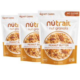 NuTrail Nut Granola with Peanut Butter in a bowl, Keto-friendly and low carb.