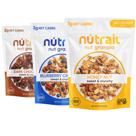 NuTrail Nut Granola Variety Pack in a bowl with berries for a keto-friendly crunch