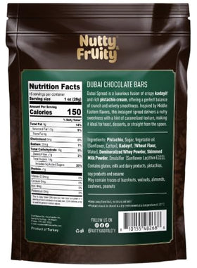 Nutty and Fruity Dubai pistachio close-up highlights creamy milk chocolate texture.