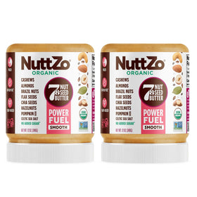 NuttZo Organic Power Fuel butter in a jar showing seven nuts and seeds.