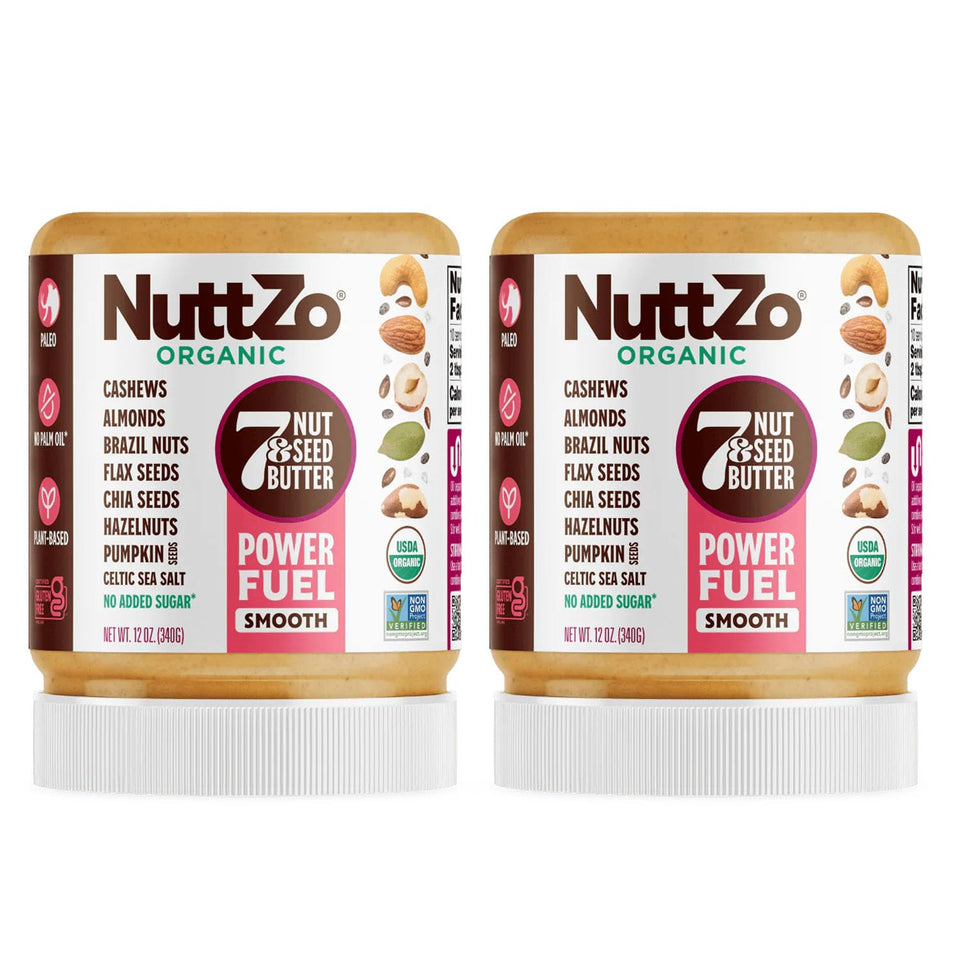 NuttZo Organic Power Fuel butter in a jar showing seven nuts and seeds.