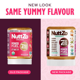 NuttZo Organic Power Fuel jar close-up, premium ingredient label visible.
