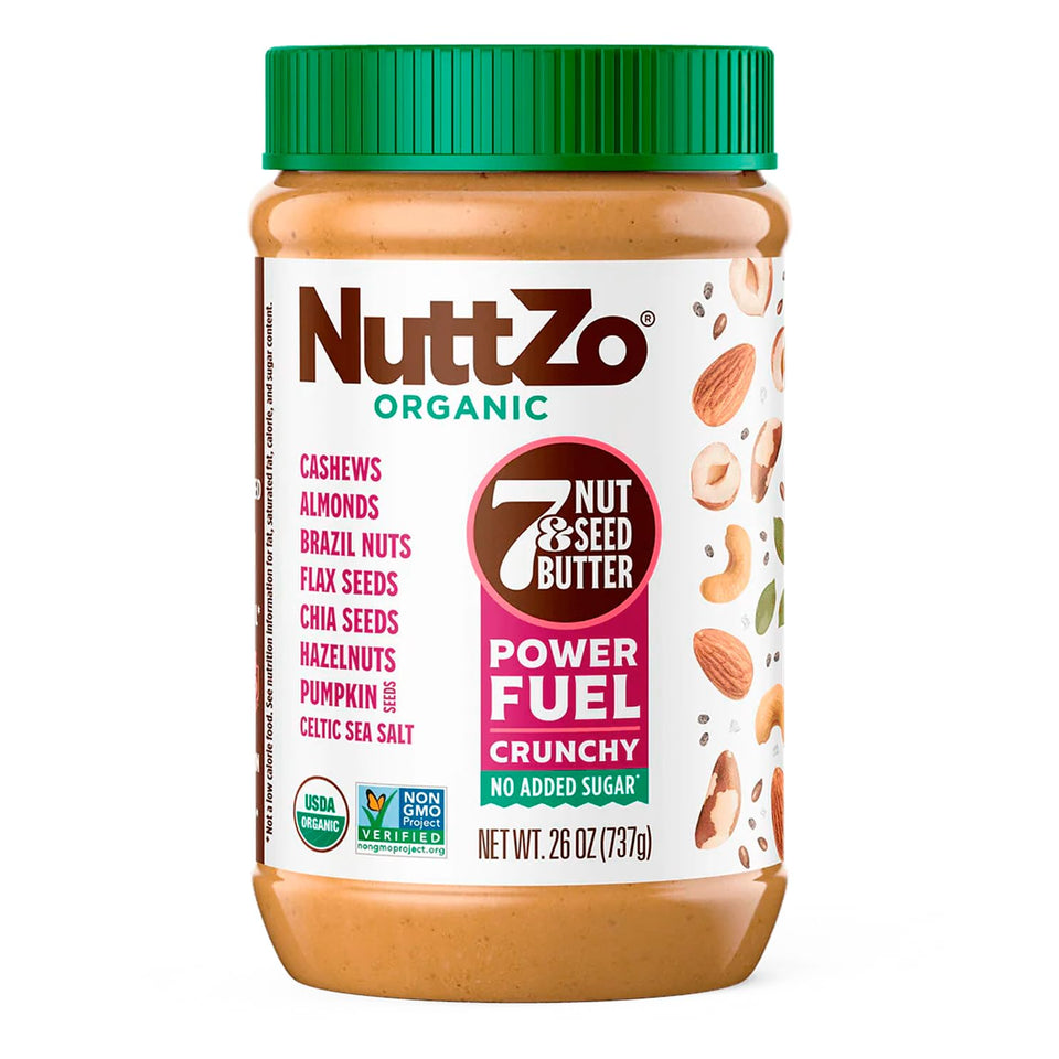 NuttZo Power Fuel crunchy butter jar on a kitchen shelf for nutritious snacking.