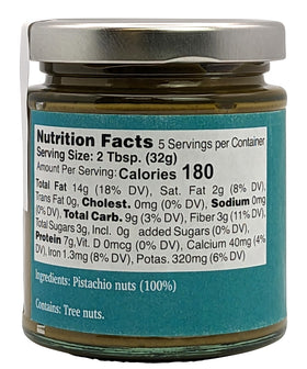 Closeup of Nutural World pistachio butter showing velvet texture for desserts