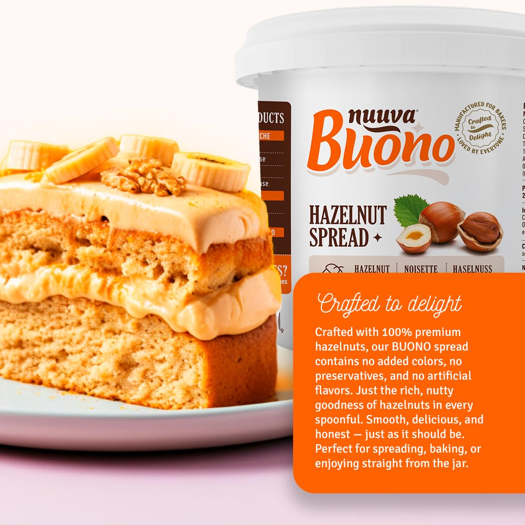 Nuuva Buono hazelnut spread smooth texture ideal for pastries and fillings.