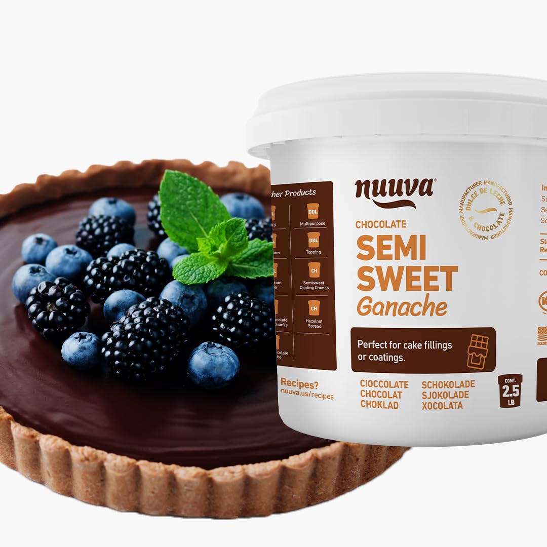 Nuuva Foods semisweet ganache tub for glossy cake glaze and rich fillings.