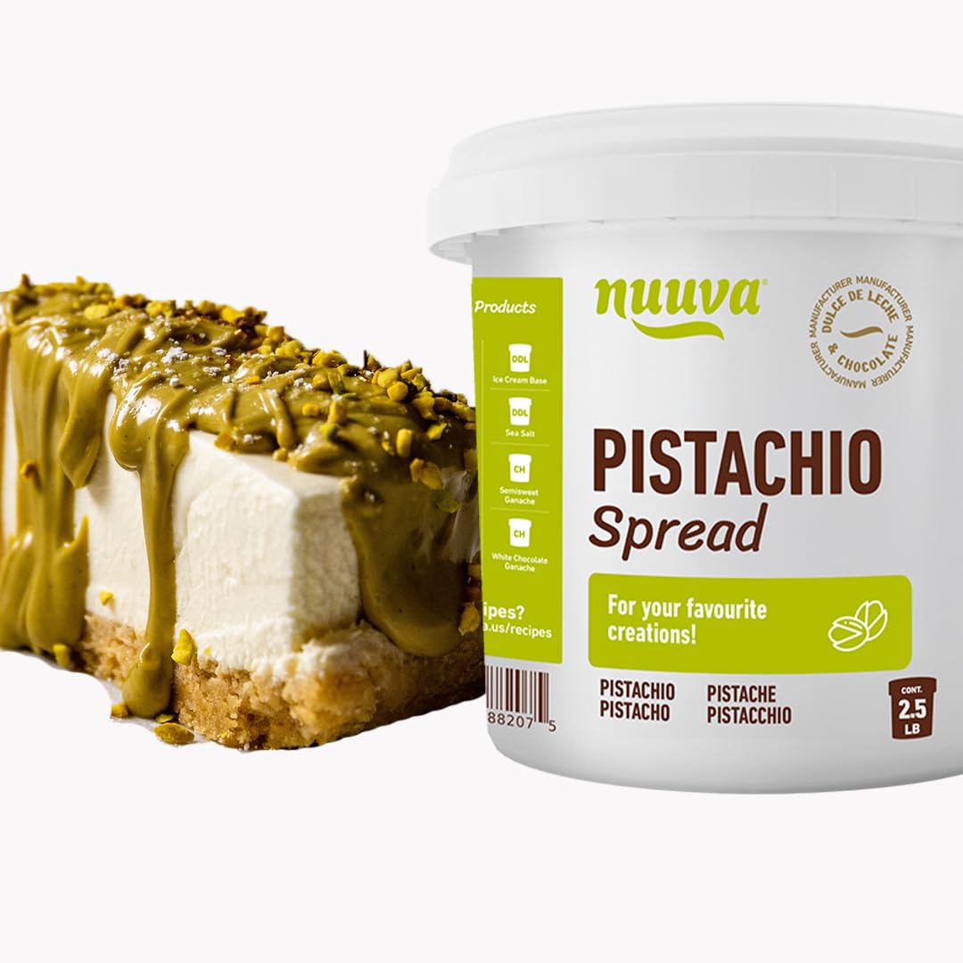 Nuuva Pistachio Spread jar close-up with rich creamy texture for snacking.