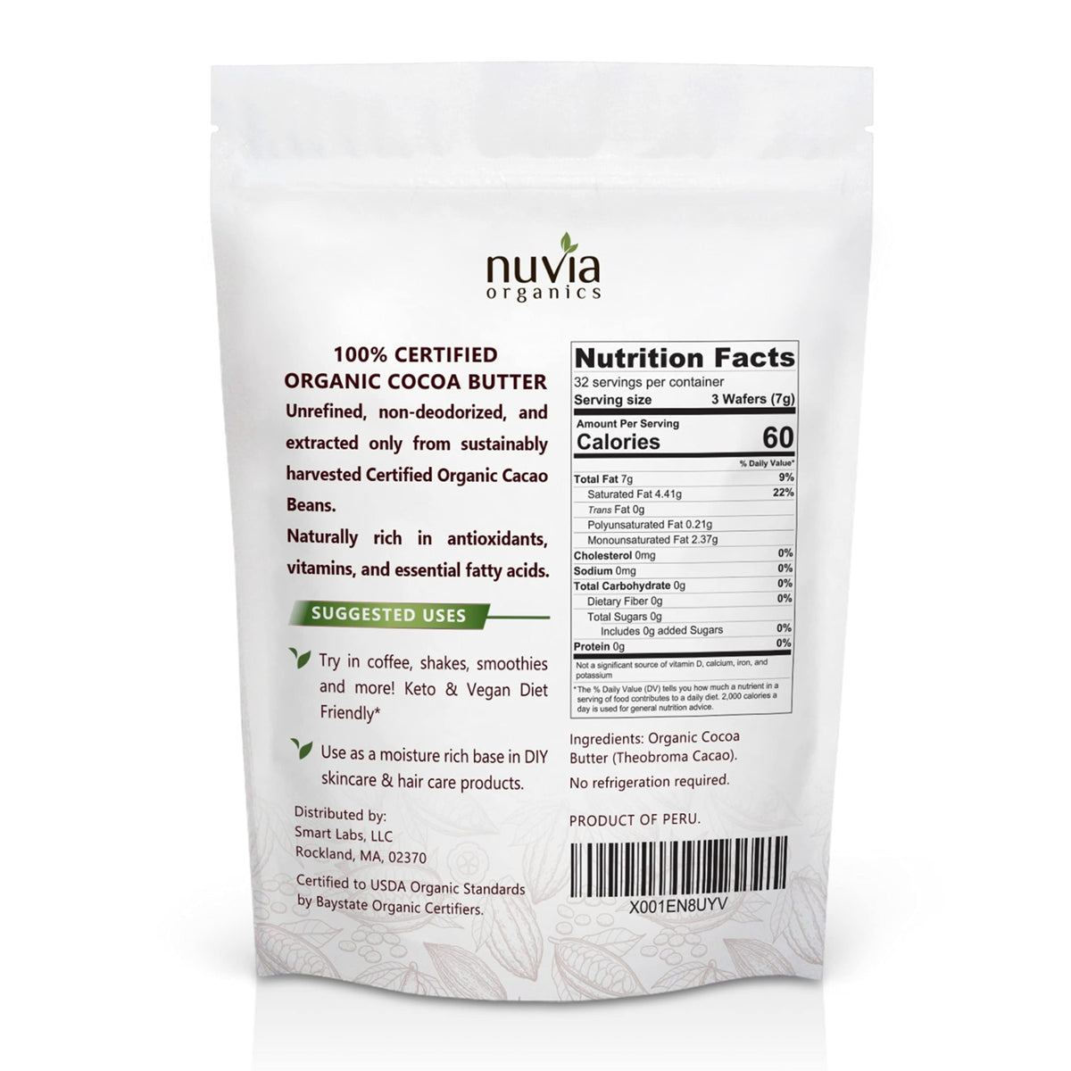 Nuvia Organics Cocoa Butter wafer aroma highlights natural chocolate scent.