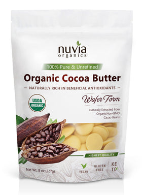 Nuvia Organics Cocoa Butter wafer packaging shows convenient, allergen-free blocks.