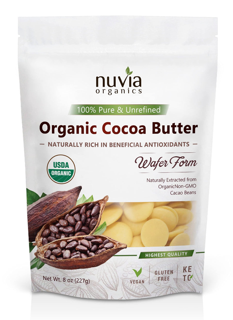 Nuvia Organics Cocoa Butter wafer packaging shows convenient, allergen-free blocks.