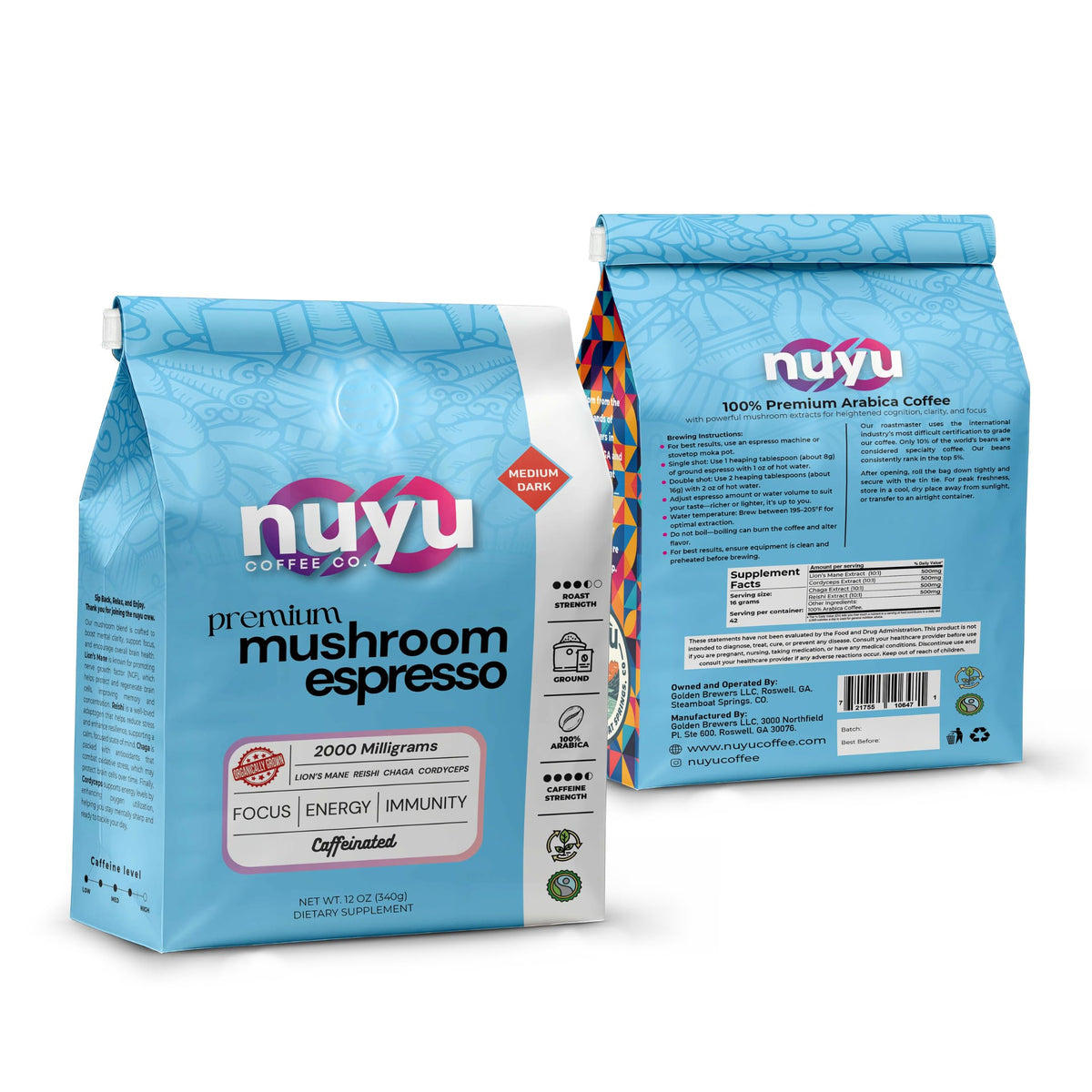 Nuyu Coffee 12oz-bag-side-view conveys premium packaging and freshness