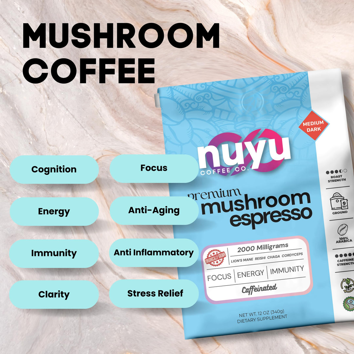 Nuyu Coffee mushroom-blend-label-closeup emphasizes functional mushroom blend