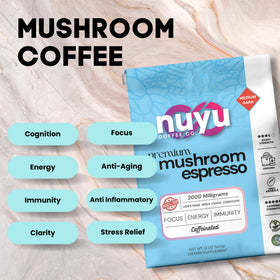 Nuyu Coffee mushroom-blend-label-closeup emphasizes functional mushroom blend