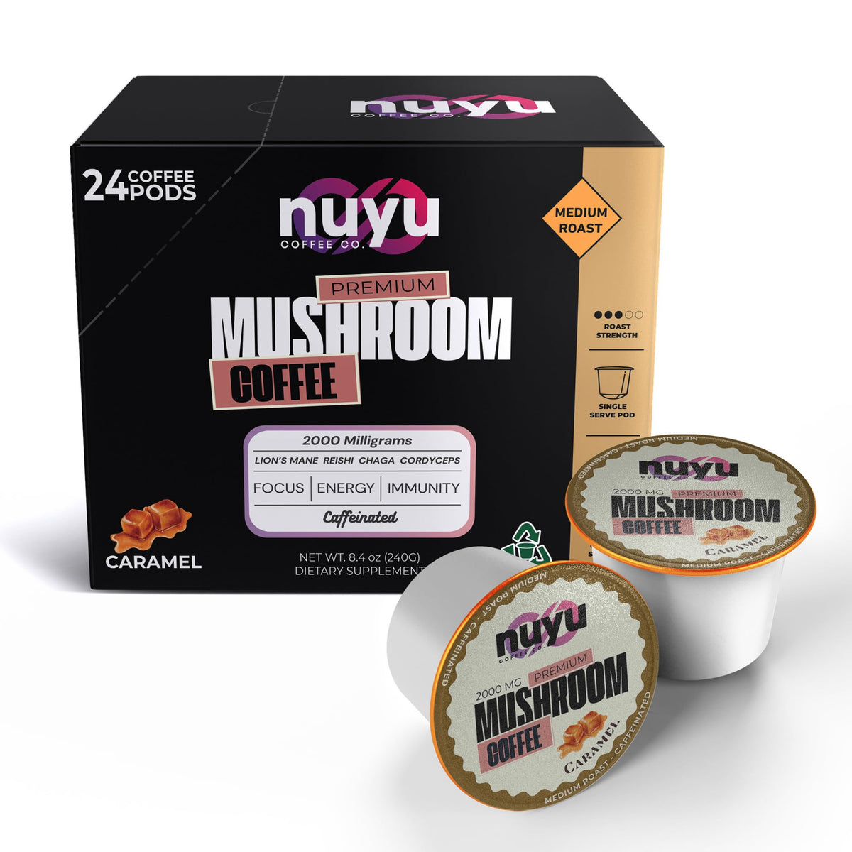 Nuyu Coffee Co. pod label highlights Lion’s Mane blend for cognitive support.