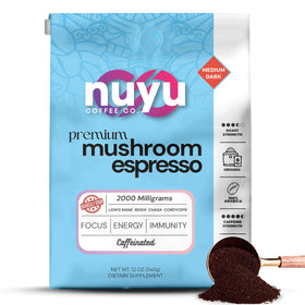Nuyu Coffee Co. Premium Mushroom Coffee bag highlights premium blend for energy