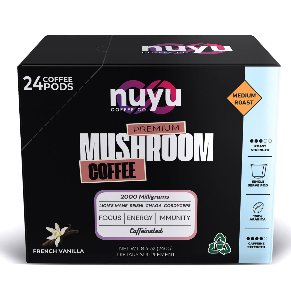 Nuyu Mushroom Coffee Pod with caramel vanilla flavor for a smooth start