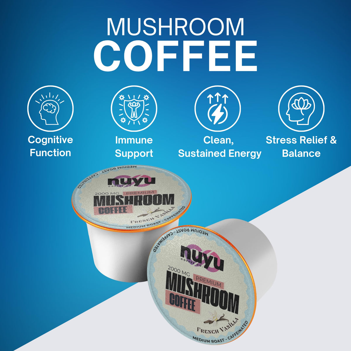 Nuyu Mushroom Coffee Pod with Reishi and Cordyceps closeup for steady energy