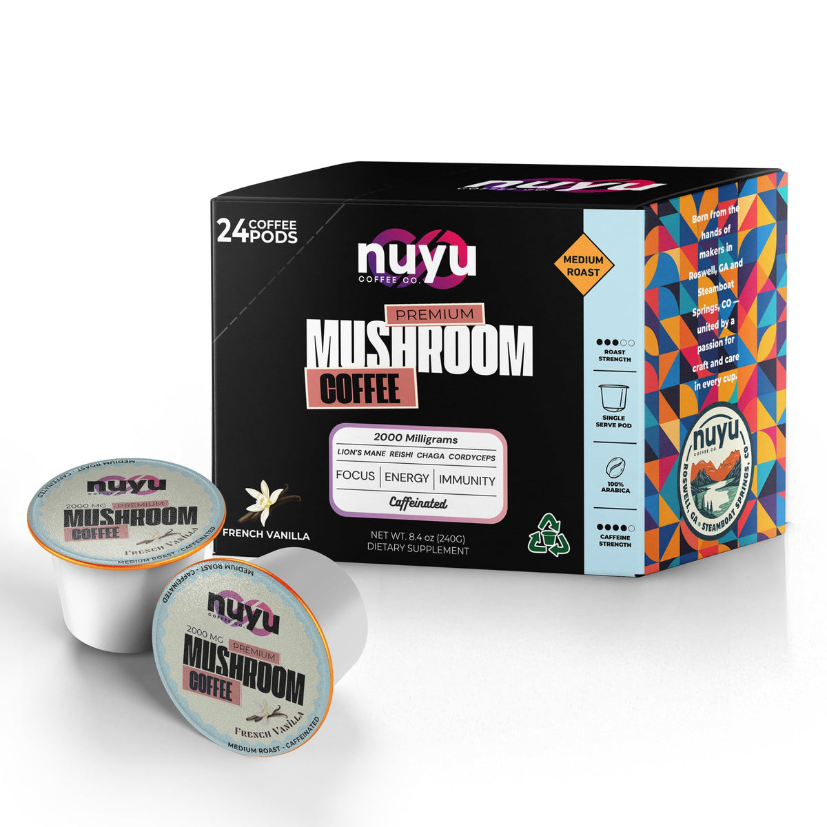 Nuyu mushroom coffee pod on shelf with warm lighting for a cozy ritual