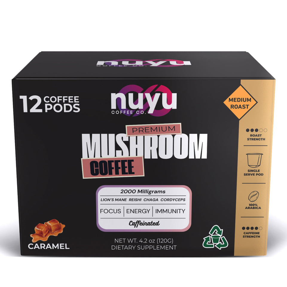 Nuyu Mushroom Coffee Pods caramel K-Cup for quick, flavorful mornings.