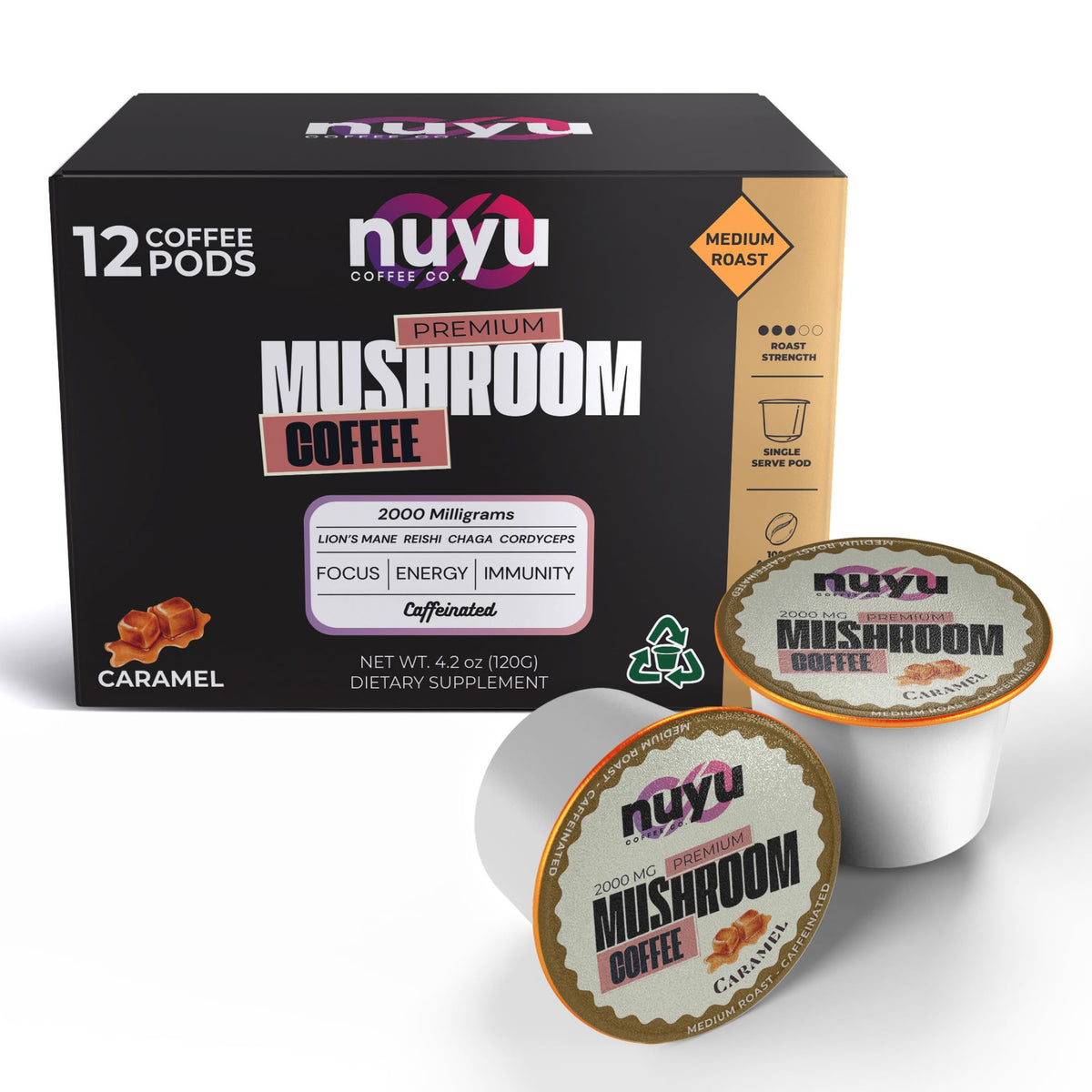 Nuyu mushroom coffee pods pack shown for easy weekly brewing.