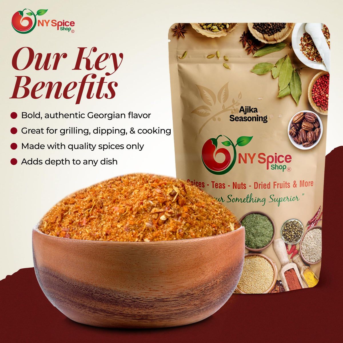 Ajika Seasoning in a dipping bowl adds spicy, flavorful yogurt dips and spreads.