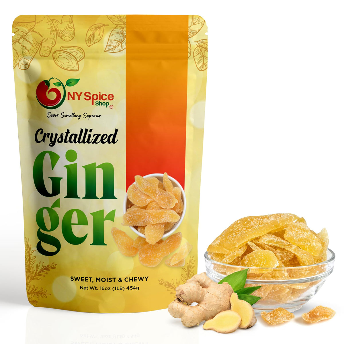 NY Spice Shop candied ginger slices in a 16oz pack for baking and desserts.