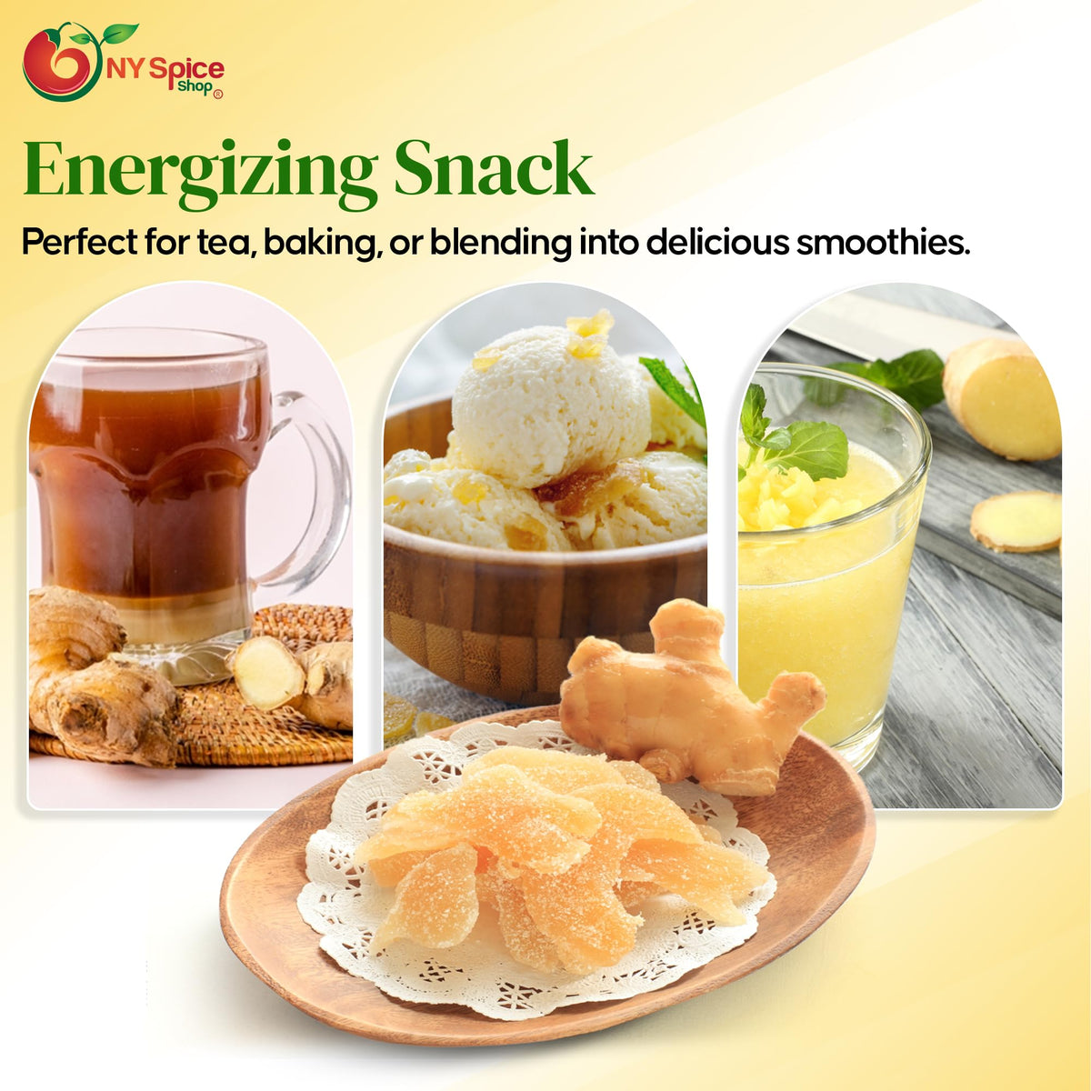 NY Spice Shop candied ginger slices steeping in hot tea for cozy, aromatic warmth.