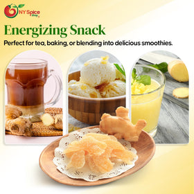 NY Spice Shop candied ginger slices steeping in hot tea for cozy, aromatic warmth.