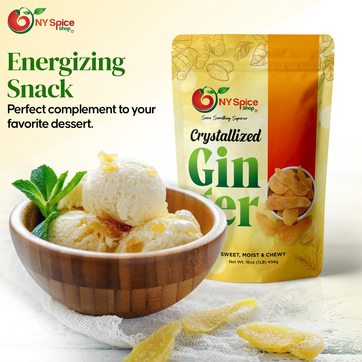 NY Spice Shop candied ginger slices ready-to-use pantry staple for desserts and snacks.