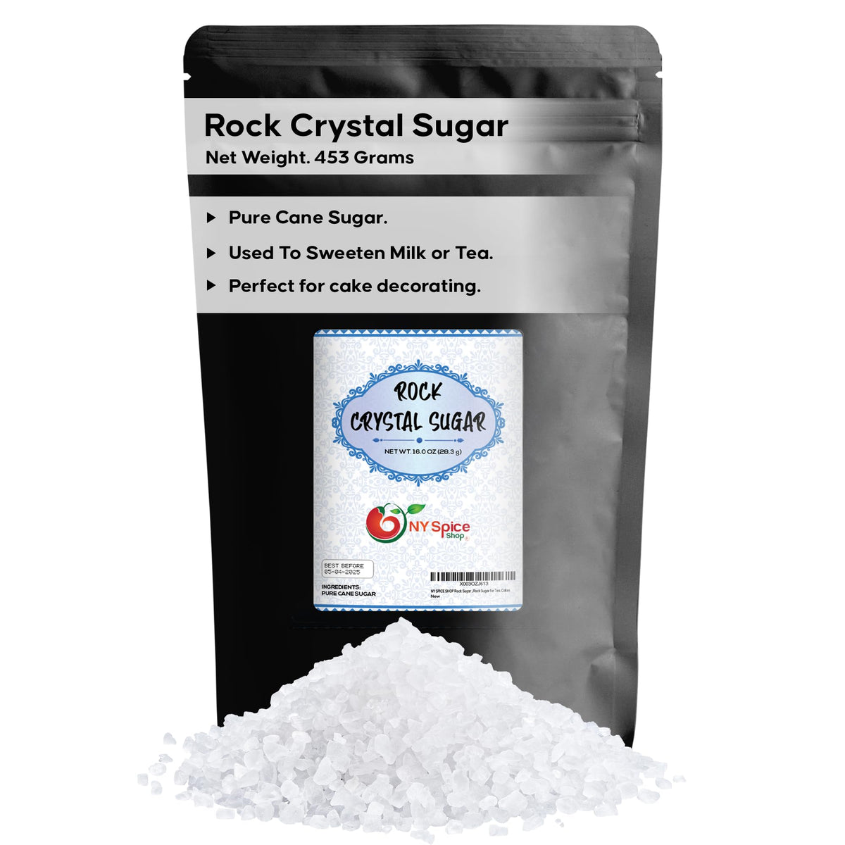 NY Spice Shop rock sugar 1lb bag for slow-dissolving sweetness in hot beverages.