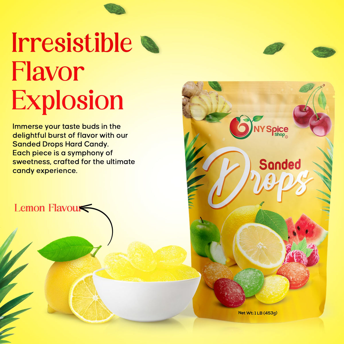 NY Spice Shop Sanded Lemon Drops candies closeup highlighting tart-sweet flavor