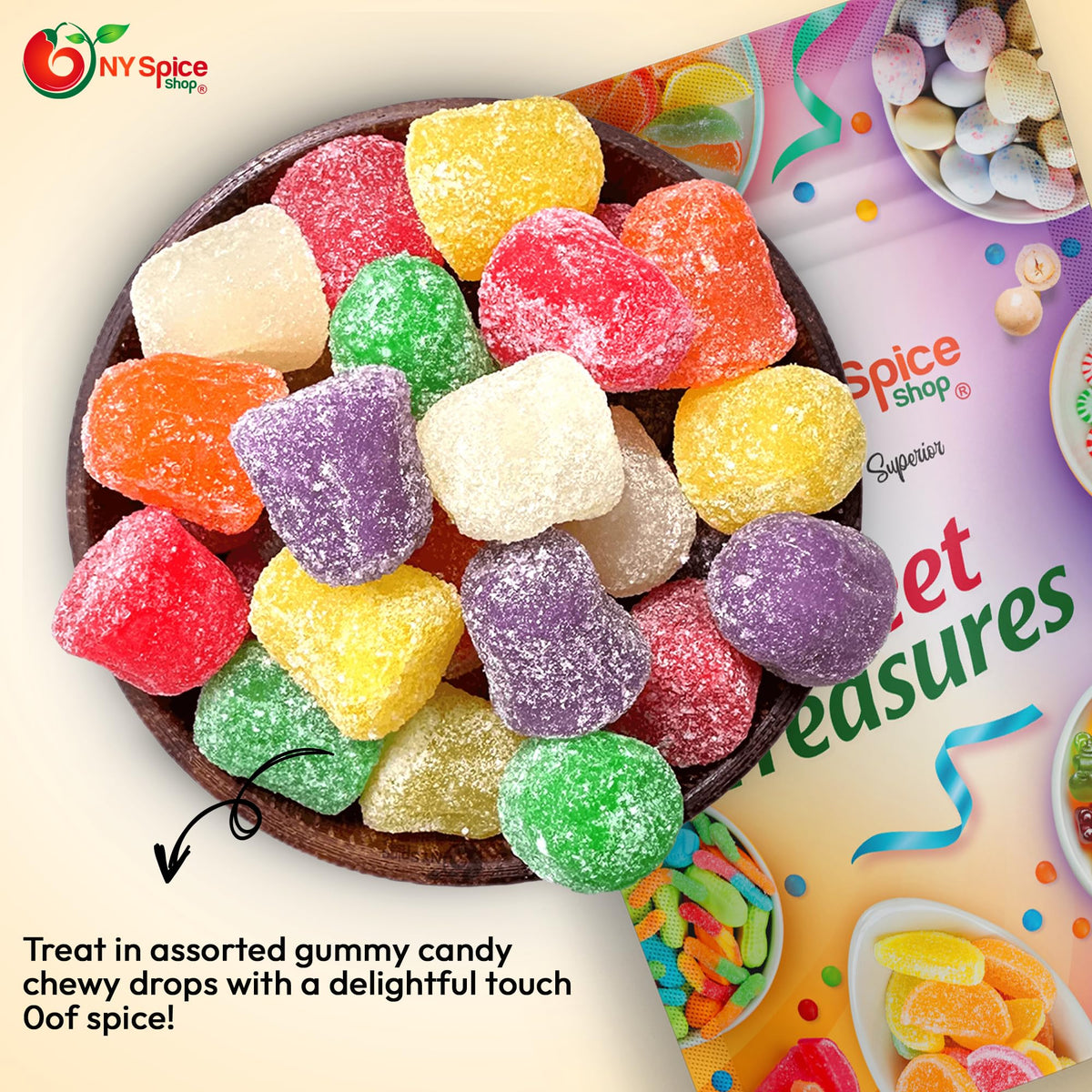 NY Spice Shop Spice Drops chewy gummies; a tasty everyday snack with fruity notes.