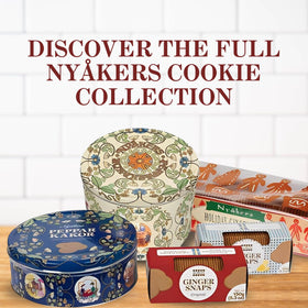 Nyakers Ginger Snaps tin packaging—gift-ready presentation for celebrations.