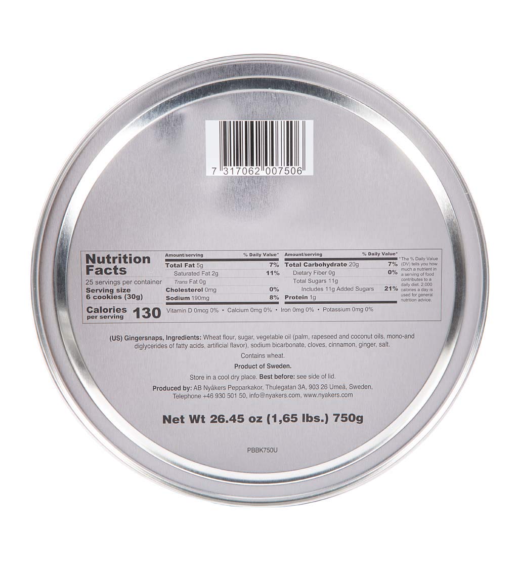 Nyakers gingersnaps red gift tin packaging signals festive gifting appeal.